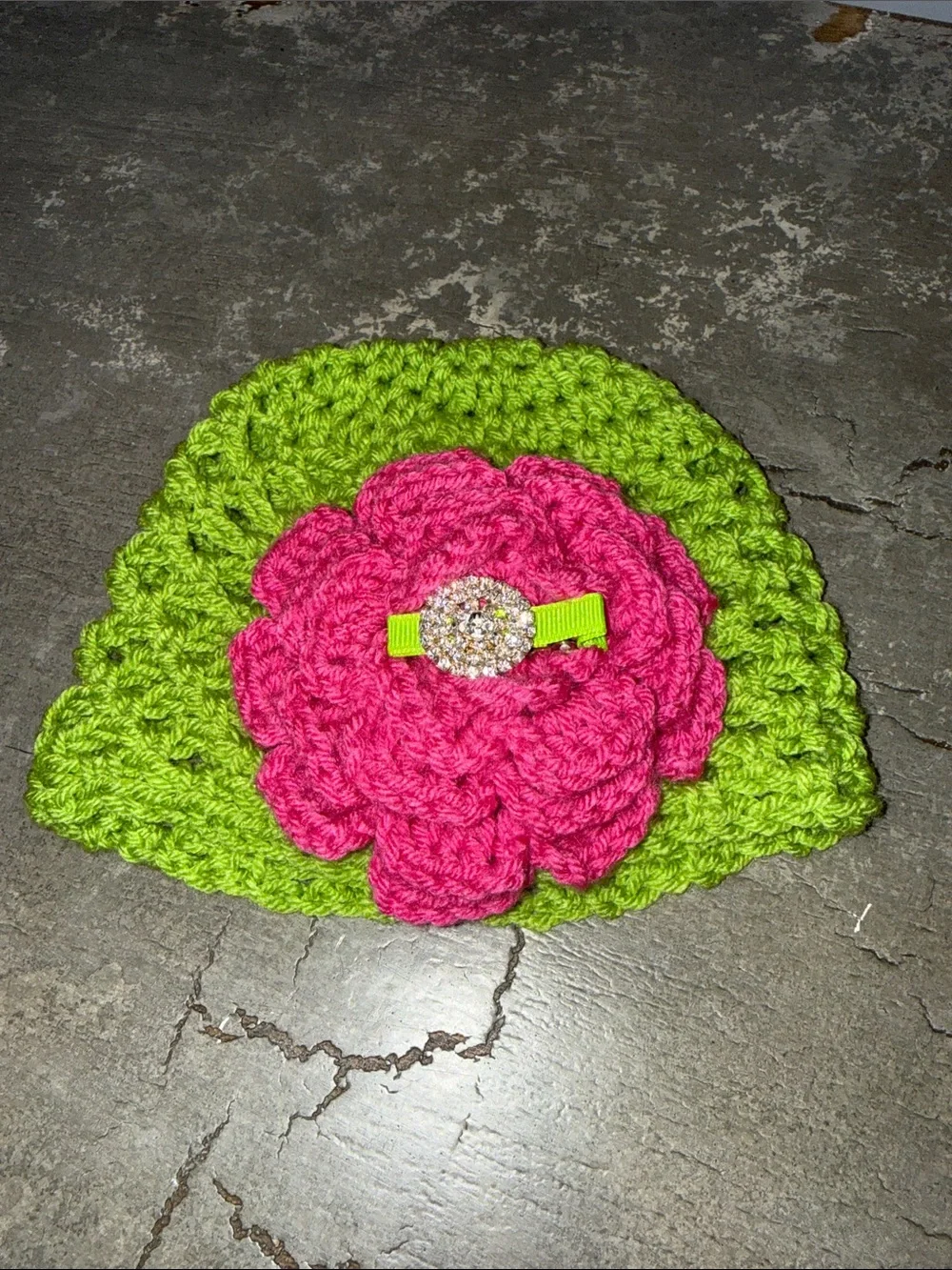 NWOT Handmade Green Crochet Beanie with Pink Flower and rhinestone Accent